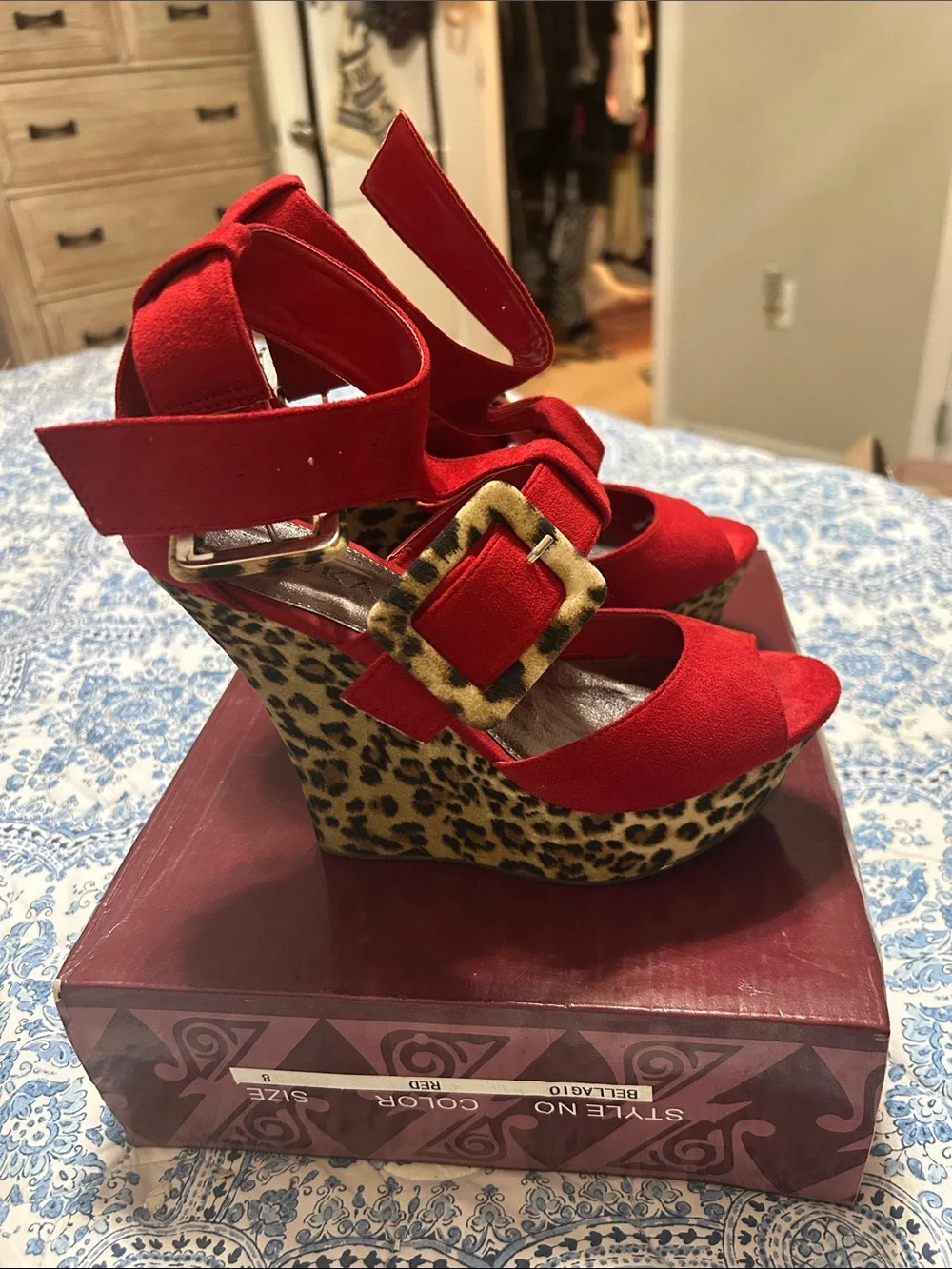 Red Leopard-Print Wedge Sandals with Ankle Strap
